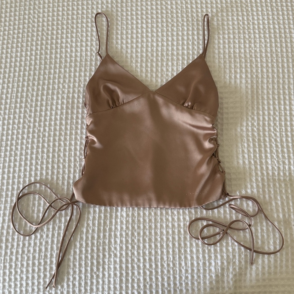 Zara Satin Taupe Side Tie Top Size S